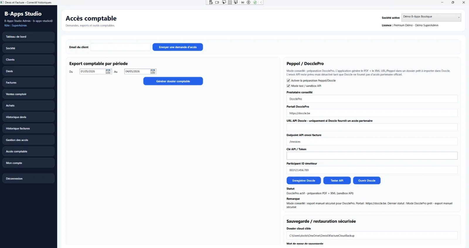 Capture d'écran B-App Compta - Accès comptable